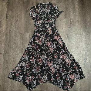 Urban Outfitters Black and Terracotta Floral Asymmetrical  Button Down Dress (M)